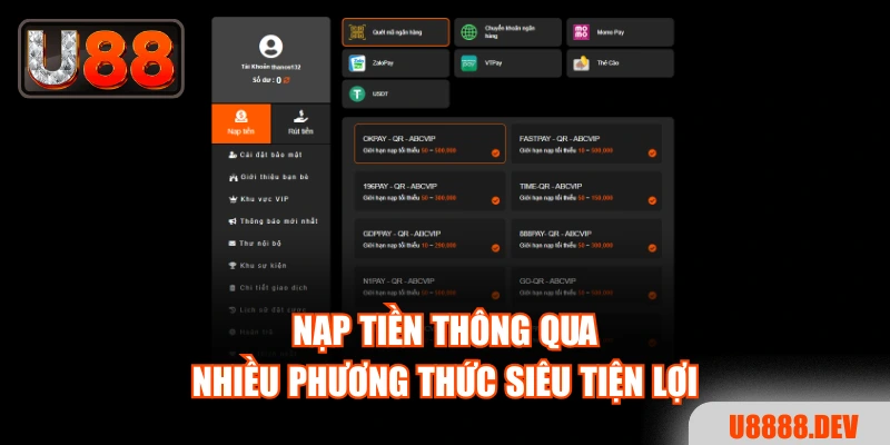 Nạp tiền thông qua nhiều phương thức siêu tiện lợi